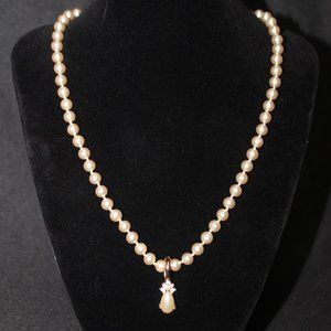 Vintage Faux Pearl Necklace with Pearl & Rhinestone Pendant Signed Roman